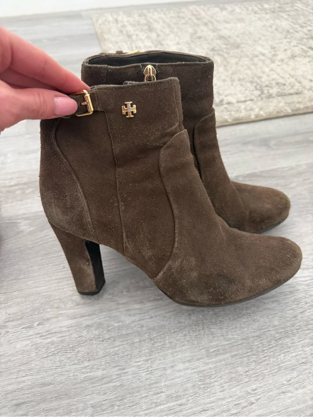 Tory Burch Brown Suede Ankle Booties with Gold Zipper Detail